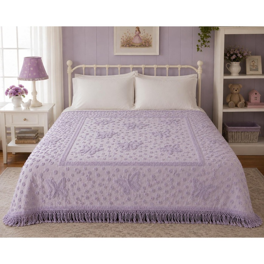 Chenille Butterfly Bedspread Muted Lavender Fringe 96x116 Cottagecore Blanket‎